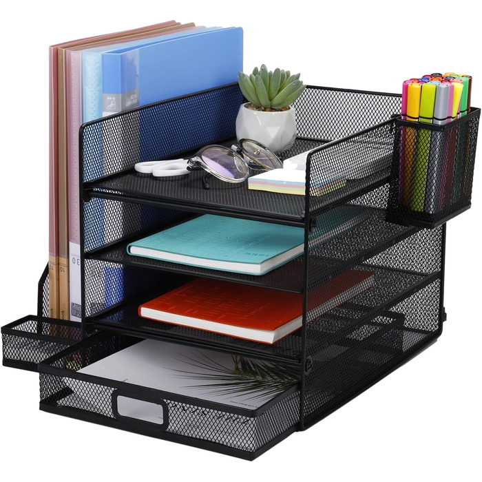 Сітчастий настільний органайзер для документів формату A4, 3 рівні лотків для документів, 1 органайзер для дрібних деталей та 1 тримач для ручок, сітчастий настільний органайзер з відділеннями для зберігання з лотком для документів та офісного приладдя