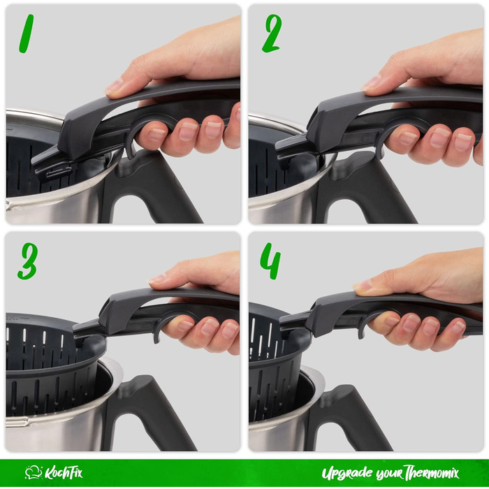 НОВИНКА Ручка KochFix для кулінарної вставки Thermomix/кошика для приготування їжі - Підходить для TM5, TM6, TM31 - Інноваційна ручка щипців для надійної фіксації при знятті - Проста експлуатація - Аксесуари виготовлені в Німеччині