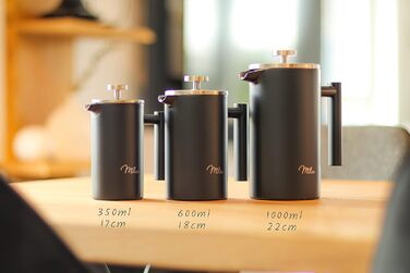 Кавоварка для френч-пресу Milu 350 мл, 600 мл, 1 л Прес для кави з нержавіючої сталі, кавоварка для домашнього туристичного кемпінгу з підставкою, ложкою, змінним фільтром (чорний, 350 мл (2 чашки) Чорний 350 мл (2 чашки)