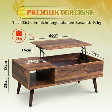 Журнальний столик WLIVE з регульованою висотою та місцем для зберігання, стіл для вітальні з висувною стільницею та відкритими відділеннями, прямокутний журнальний столик для вітальні, рустикальний коричневий