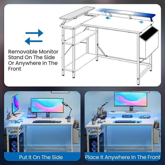 Г-подібний ігровий стіл зі світлодіодним підсвічуванням та розетками, 140 x 80 см, кутовий комп&39ютерний стіл з сумкою для зберігання, регульованими полицями та великою підставкою для монітора, для домашнього офісу, білий колір 140 x 80 см