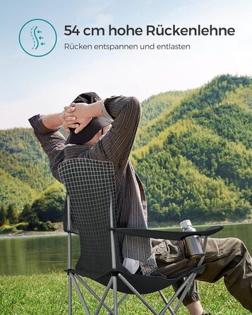 Складаний кемпінговий стілець SONGMICS, 2 шт., зручна міцна конструкція, витримує до 150 кг, з тримачем для напоїв, вуличний стілець, чорний