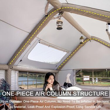 Зимовий надувний намет-будиночок XXL, сімейний намет на 6-8 осіб, надувний кемпінговий намет з насосом, 4-сезонний розкладний намет, великий XXL намет для вулиці з димоходом, сірий, 385x260x200 см