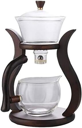 Набір для чаювання RORA скляний чайник з автоматичним обертанням, дерев'яний корпус та 6 чашок (чайник без чашок у комплекті)