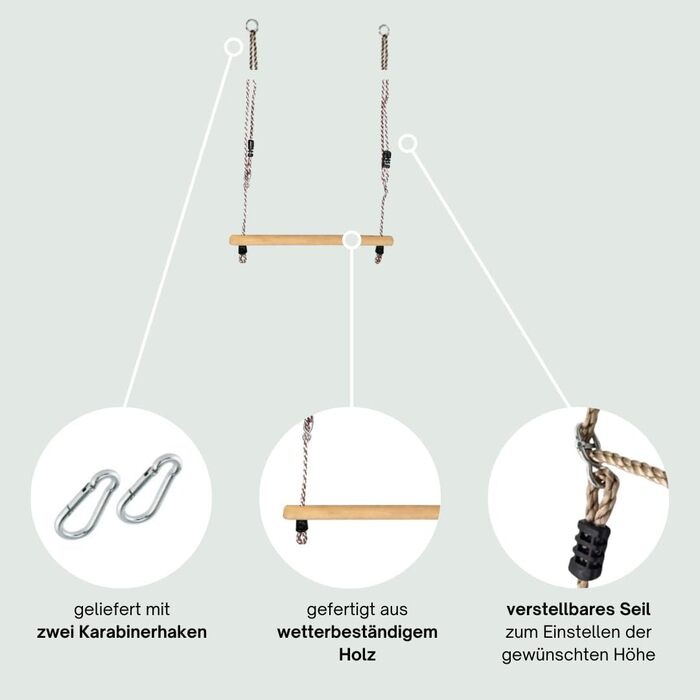 Гойдалка-трапеція h2i турнік з регульованою по висоті мотузкою та карабіном для підвішування дерев'яні гойдалки дитячі гойдалки на