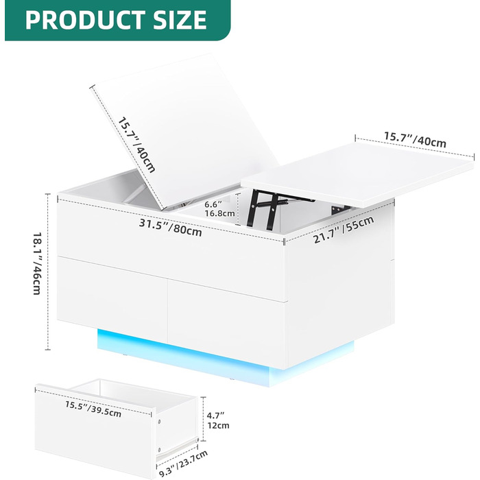 Журнальний столик з регульованою висотою та 4 шухлядами, глянцевий стіл для вітальні зі світлодіодним підсвічуванням, журнальний столик з місцем для зберігання, білий, 80x55x46 см