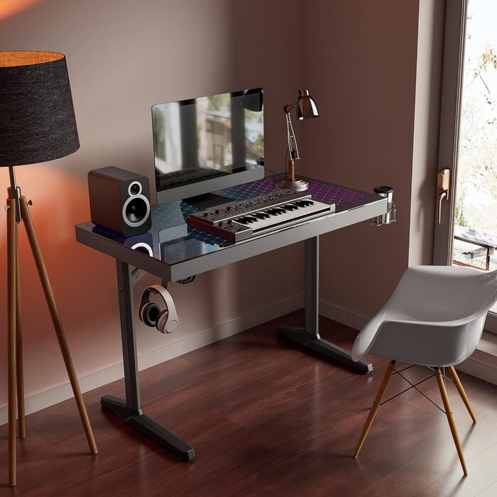 Ігровий стіл EUREKA ERGONOMIC з RGB-підсвічуванням 110 см, скляний ігровий комп&39ютерний стіл з музичним реактивним RGB-світлодіодним підсвічуванням через додаток, 110 x 60 см