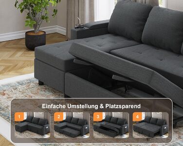 Кутовий диван Devoko зі сном та ящиком для зберігання речей, L-подібний диван, 3-місний розкладний диван-ліжко, лляна кушетка, невеликий розкладний диван для квартири та вітальні, темно-сірий, 200 см - L темно-сірий