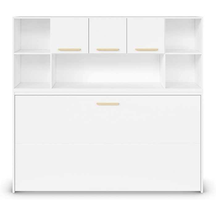 Меблі Rauch Albero, ліжко, настінне ліжко, поперечно розкладне ліжко, компактне настінне ліжко з каркасом ліжка, полицею та рейковою основою, спальна зона 90x200 см, колір білий, ручки з масиву дуба, 214x197x44 см