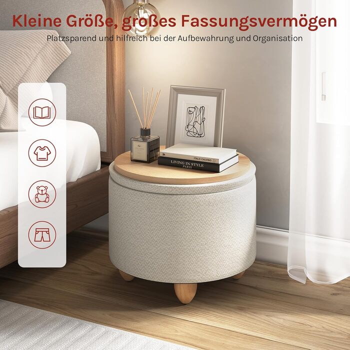 Табурет WOLTU з місцем для зберігання речей, круглий м&39який пуф для ніг, журнальний столик з ніжками з масиву дерева, пуф для ніг з кришкою, лляний чохол, Ø39x33 см, кремово-білий