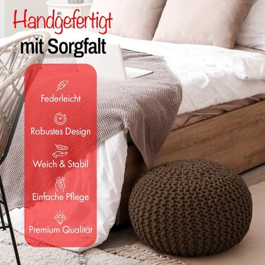 В&39язаний пуф ручної роботи Ø 55 см або Ø 45 см Подушка на підлогу, подушка на крісло, пуф для ніг, крісло-мішок - з елегантним виглядом об&39ємної в&39язки - внутрішнє оздоблення (коричневий, Ø 45 см) Коричневий Ø 45 см