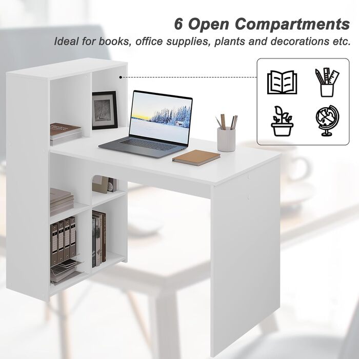 Письмовий стіл eSituro з 6 полицями, 120x63 см, білий комп&39ютерний стіл з місцем для зберігання, офісний стіл, ПК-стіл, кутовий стіл для навчання, вітальні, спальні, офісу, можна встановити ліворуч або праворуч