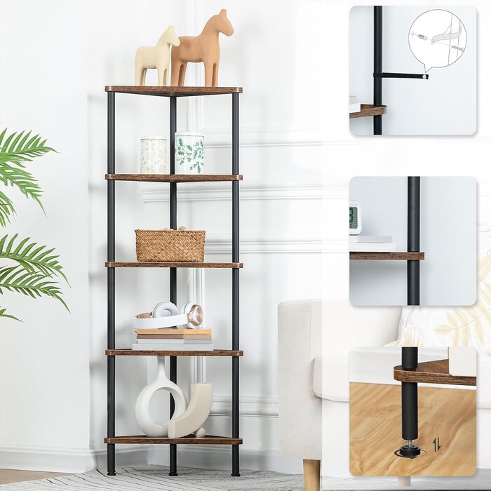 Кутова полиця HOOBRO з 5 ярусами, промислова кутова полиця, книжкова полиця на місці, кутова книжкова полиця для демонстрації рослин та квітів, полиця для зберігання для невеликих приміщень, вінтажний коричневий EBF33CJ01 рустикальний коричневий/чорний 30