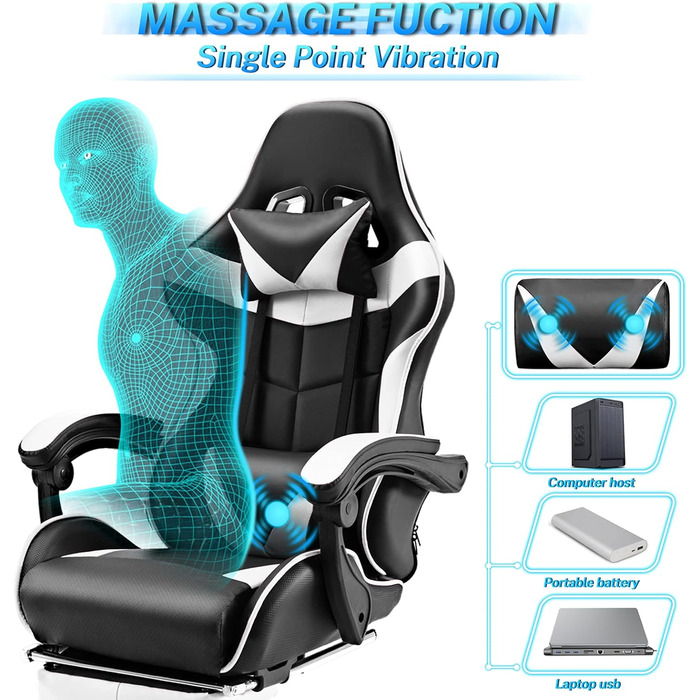 Ігрове крісло Soontrans з масажем, ігрове крісло з підставкою для ніг, підголівником та масажною подушкою для попереку, м&39які підлокітники, ергономічне ігрове крісло для геймерів, пряма трансляція з YouTube, Xbox (біле)