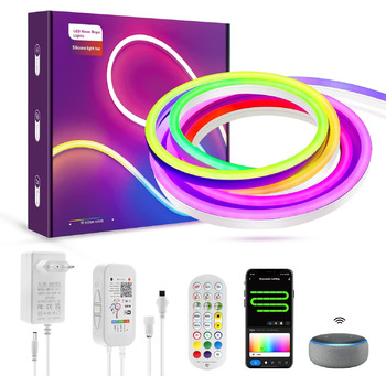 Світлодіодна стрічка LUXONIC Neon Rope 5M, 16 мільйонів кольорів, RGBIC LED з Alexa, Google Assistant, синхронізація з музикою, гнучкий силікон для ігор з декором своїми руками, телевізора та спальні (не підтримує WiFi 5G) WIFI 5M