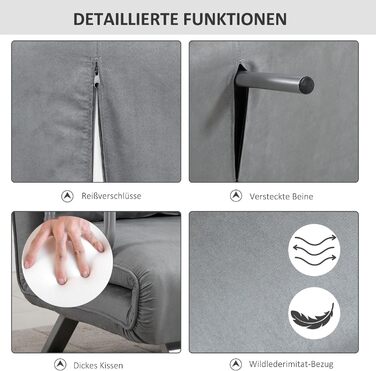 Розкладний диван HOMCOM 3-в-1 185x105 см з регульованою спинкою в 5 положеннях, декоративні подушки, 2-місний диван з функцією сну, оксамитовий вигляд, шезлонг для вітальні, спальні, світло-сірий