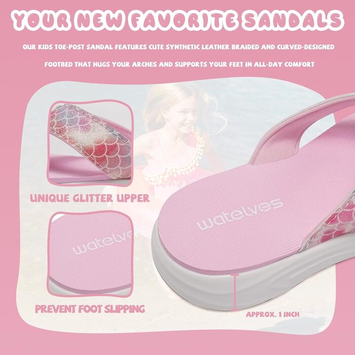 Шльопанці WateLves для дітей, дитячі сандалі-стрінги, дитячі сандалі для басейну на товстій підошві, літні пляжні та басейнні, нековзні сандалі-стрінги, розмір 33 EU, рожеві, з риб&39ячою лускою