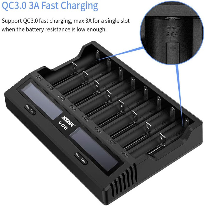 Швидкий зарядний пристрій XTAR VC8 3A USB з 8 відсіками, зарядний пристрій 21700 для акумуляторних батарей IMR 10440 16340 18650 26650 AAA AA C 5 Додатковий струм Заряджає 8 x 21700 Одночасно