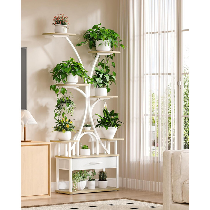 Підставка для рослин Hzuaneri з лампою для вирощування, 9-ярусна підставка для квітів з 4 світлодіодними лампами RG, регульований колір та час, 164 см, ідеально підходить для вітальні, балкона, саду, біла, PS16016WEU 9 ярусів білого кольору