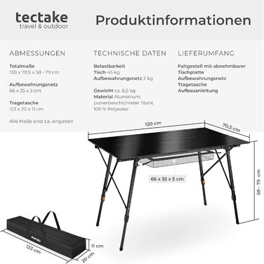 Стіл для кемпінгу tectake, розкладний стіл з алюмінію, стільниця XXL, що згортається, розкладний кемпінговий стіл, дорожній стіл, садовий стіл, водонепроникний, регульовані по висоті ніжки, сумка для перенесення, 120 x 70,5 см - чорний