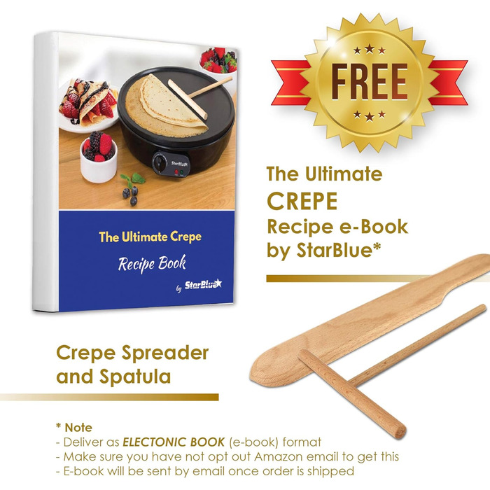 Електрична млинниця та млинниця StarBlue, 30,5 см, з безкоштовною електронною книгою рецептів та дерев'яною лопаткою 220 240 В, 50/60 Гц, 1000 Вт, вилка Великобританії, адаптер Європа в комплекті