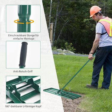 Грабля-рівнялка для газону з ергономічною ручкою 170 см, металеві граблі преміум-класу для догляду за газоном (91 см x 25 см), зелені