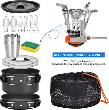 Набір посуду Queta для кемпінгу на 17 предметів каструлі та сковорідки для пікніка, походів та приготування їжі на 2-3 особи. Сертифікований FDA