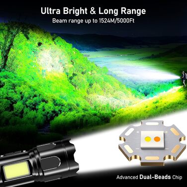 Світлодіодний ліхтарик Blukar з 2 колірними температурами, основним світлом та боковим COB-світлом, акумуляторний, надзвичайно яскравий, плавно регульований, ручний ліхтарик із можливістю масштабування, 7 режимів, водонепроникний для надзвичайних ситуацій