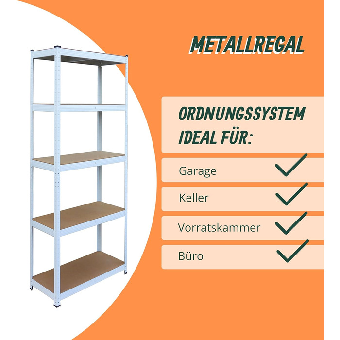 Міцний стелаж Relaxdays, ВxШxГ 180x60x30 см, 875 кг, 5 полиць, полиця для зберігання в підвалі та гаражі, вставного типу, білий/коричневий