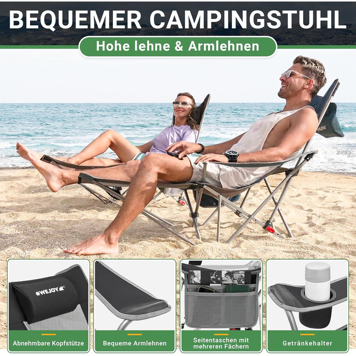 В-1 складне кемпінгове крісло, пляжне крісло з регульованою спинкою та підставкою для ніг, розслаблююче крісло/шезлонг з підставкою для чашок, рибальське крісло для кемпінгу на свіжому повітрі A*mesh - чорний/сірий, 2-