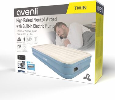 Самонадувальний надувний матрац/ліжко AVENLI для 1 особи, 1999x33 см, надувне гостьове ліжко з вбудованим насосом, висока спальна поверхня, флокована поверхня для кемпінгу та дому