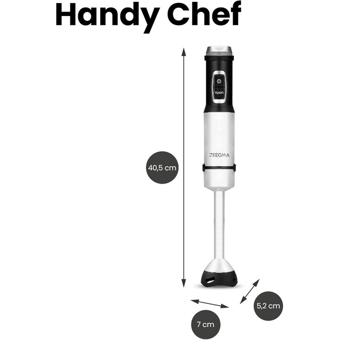Ручний блендер ZEEGMA Handy Chef 5в1 багатофункціональний 1500 Вт, набір насадок блендер, блендер, віночок, гачок для змішування, кухонний комбайн 0,6 л, контейнер 0,8 л, турборежим, регулювання швидкості