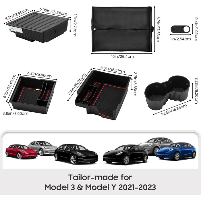 Коробка для зберігання на центральній консолі MoKo 6 Pack для Model 3 Model Y 2023 2022 2021, прихований магнітний органайзер-органайзер, тримач чашки, чохол для веб-камери, тримач для носової хустки, чорний