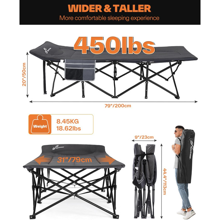 Розкладне ліжечко/гостьове ліжко Sportneer, до 204 кг, 20079 см, туристичне ліжко, розкладне ліжечко для кемпінгу, подорожей, використання в приміщенні, на вулиці, на пляжі та в саду, більший розмір 200 x 79 x 50 см, сірий