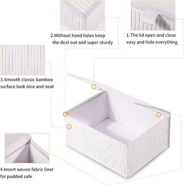 Біла скринька для зберігання Honygebia з кришкою декоративний бамбуковий кошик для зберігання, набір із 3 ротангових кошиків з кришками та тканими тканинними підкладками для ванної кімнати, кухні та організації полиць (великий/середній/малий)