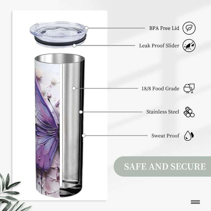 Кухоль з прямою трубочкою, олійний живопис, метелик, друк, підходить для кемпінгу, офісу та дому, 590 мл