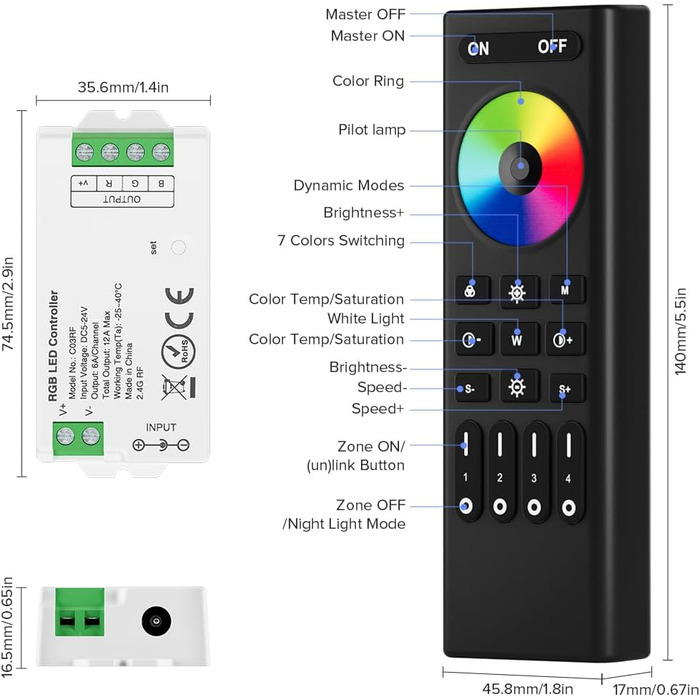РАДІОЧАСТОТНИЙ ПУЛЬТ ДИСТАНЦІЙНОГО КЕРУВАННЯ RC02RFB&C02RF Комплект контролера 4-зонний радіочастотний 2.4 ГГц бездротовий пульт дистанційного керування Групове керування для 3-контактної світлодіодної стрічки CCT (V, CW) DC5V, DC12V, DC24V (для RGB, пуль