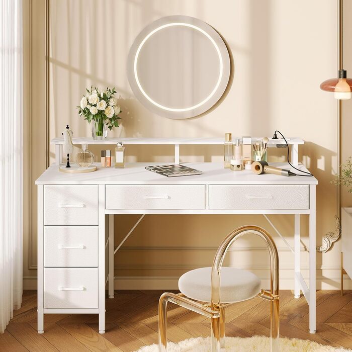 Письмовий стіл Rolanstar з 5 шухлядами, комп&39ютерний стіл з розетками, ігровий стіл зі світлодіодним освітленням, підставка для монітора, для домашнього офісу, спальні, вітальні, офісу (білий, 120 см)