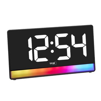 Цифровий будильник TFA Dostmann з підсвічуванням настрою, 60.2051, градієнт кольорів або 8 кольорів, 4 рівні яскравості, будильник з повтором, легко читається, функція зарядки, чорний