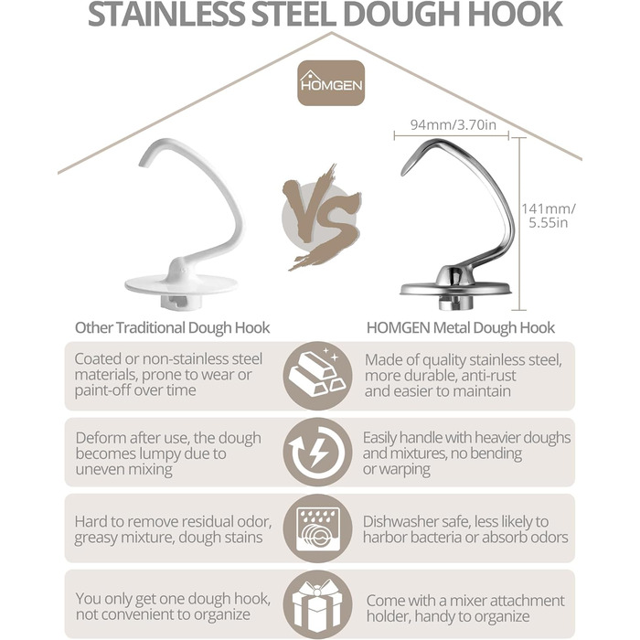 Гачок для тіста HOMGEN для посудомийної машини з нержавіючої сталі Kitchenaid 4.5/5QT Безпечний для кухонного міксера KSM150 K45 K45SS KSM75 KSM175 Заміна