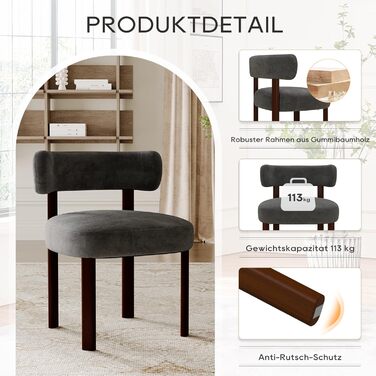 Обідні стільці COLAMY з шерпа в сучасному дизайні середини століття, комплект з 2 шт., кухонні стільці з букле у вінтажному сільському стилі з відкритою вигнутою спинкою для їдальні, ресторану, сірі, комплект з 2 шт.