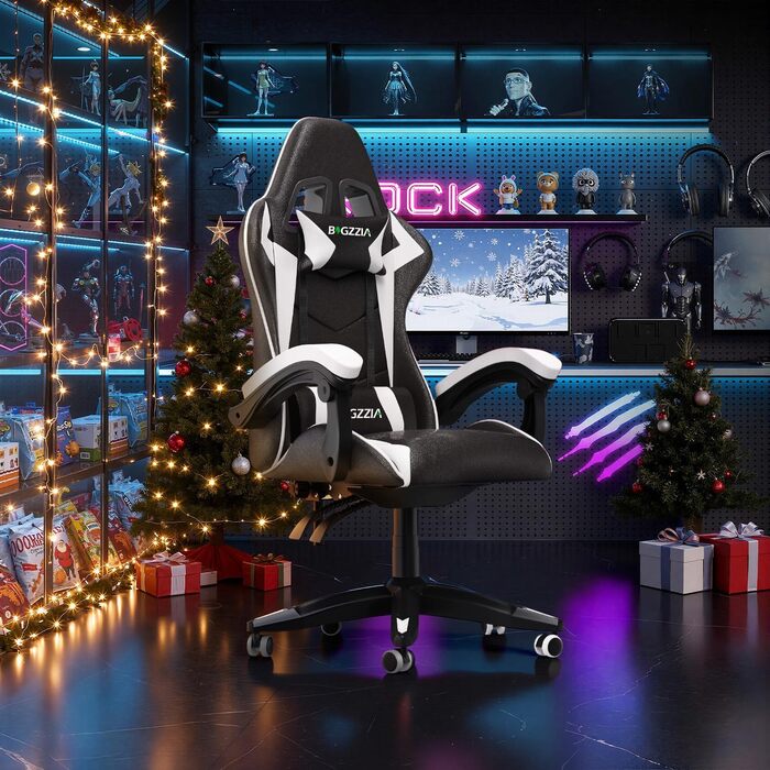 Ергономічне ігрове крісло bigzzia з поперековою опорою та підголівником, регульоване по висоті ігрове крісло, ПК-крісло для дорослих, дівчаток та хлопчиків, чорно-біла базова модель