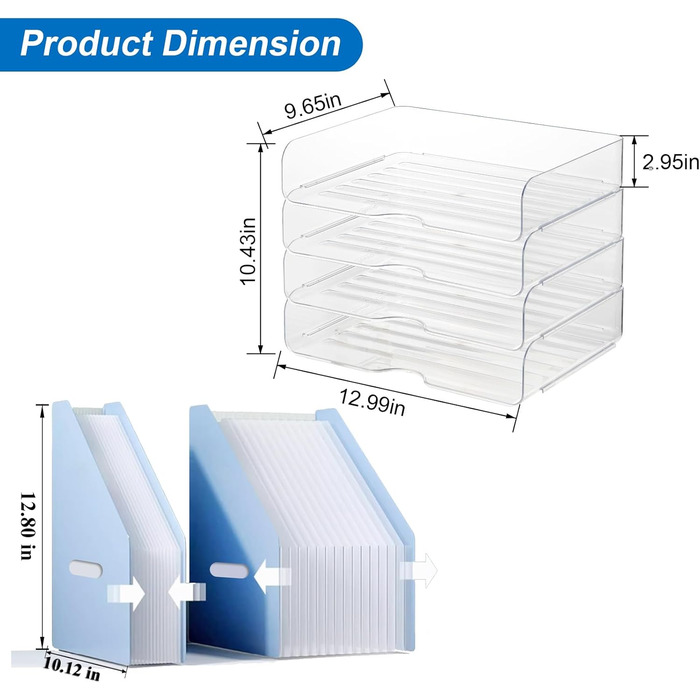 Прозорі штабельовані лотки для паперу 4 упаковки з 1 вертикальним мішком для органів, набір лотків для листів PET Clear Desk, штабельний настільний органайзер для книг, журналів, папок, паперу, нотаток, ручок