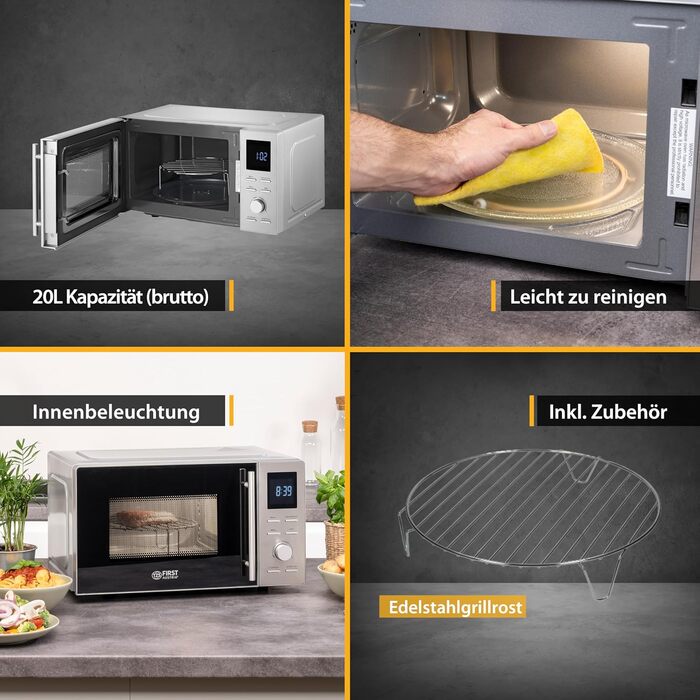 Мікрохвильова піч TZS First Austria 1100 Вт з функцією гриля 800 Вт, ємність 20 л (брутто), функція швидкого старту, LCD дисплей, 8 автоматичних програм, 700 Вт, нержавіюча сталь