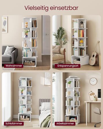 Колекція Custos - Обертова книжкова шафа, 5-ярусна полиця для зберігання, Окремостояча полиця з відкритими відділеннями, 40 x 40 x 155,8 см, для спальні, вітальні, офісу, Хмарно-білий LBC472WB01