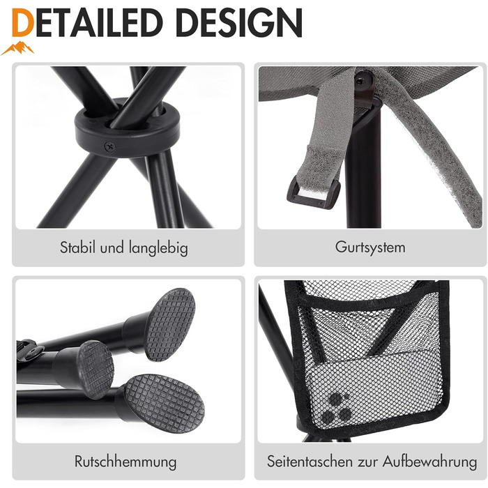 Складаний портативний стілець Portal, складаний з бічною кишенею, стілець-штатив, надлегкий портативний рибальський стілець, висота 53,3 см, вантажопідйомність 102 кг, кемпінговий стілець з бічною кишенею для риболовлі, кемпінгу, походів, чорний