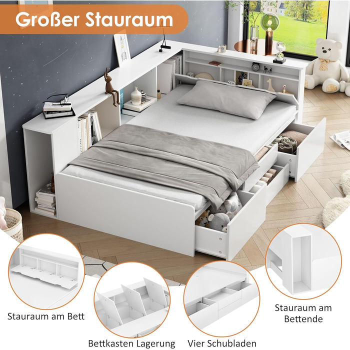 Односпальне ліжко Aoskem дитяче ліжко ліжко 90x200 ліжко з ящиками для зберігання та шафою для зберігання та книжковою полицею, де