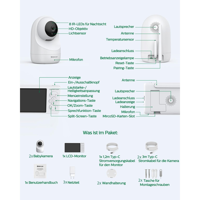 Дюймовий радіоняня Sebikam з 2 камерами, екран HD 720P, відеоняня, батарея 4000 мАг, відеоняня PTZ 355, режим VOX, нічне бачення,