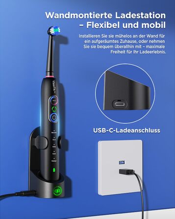 Електрична зубна щітка з обертанням для дорослих та дітей, 8 насадок (2 типи), 3 рівні інтенсивності, 5 режимів, з настінним тримачем та зарядною станцією, таймер чищення 2 хвилини, чорний колір, (в упаковці)