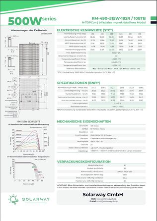 Сонячна панель Solarway потужністю 500 Вт, повністю чорна двостороння фотоелектрична панель зі скла/скла з позитивним допуском потужності 0-5 Вт, n-типу, підходить для балконних електростанцій